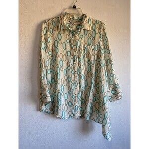 Multiples Women's Turquoise Tan Button Down Tunic Shirt Long Sleeve Asymmetric M